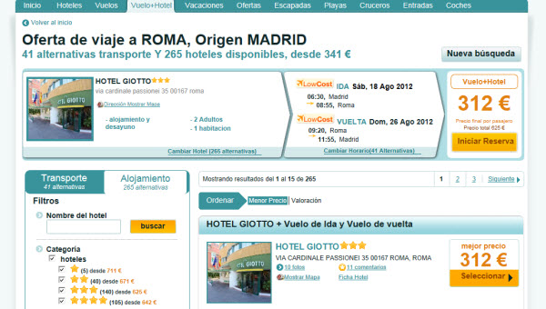 Ofertas de vuelos más hotel en Agosto 2012